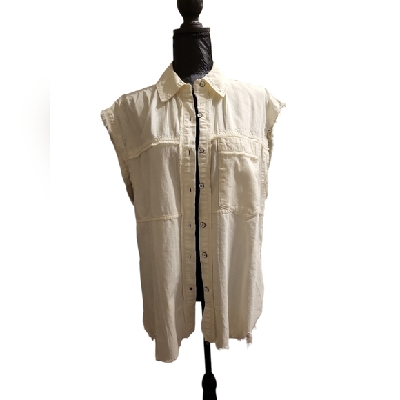 We the Free XS Distressed, raw hem denim button up shirt - Picture 1 of 16